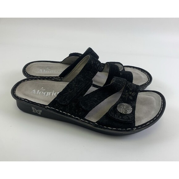 Alegria Strappy Slide Sandal Black Nubuck Embossed Slip On Womens 40 9.5 - 10 - Picture 2 of 15
